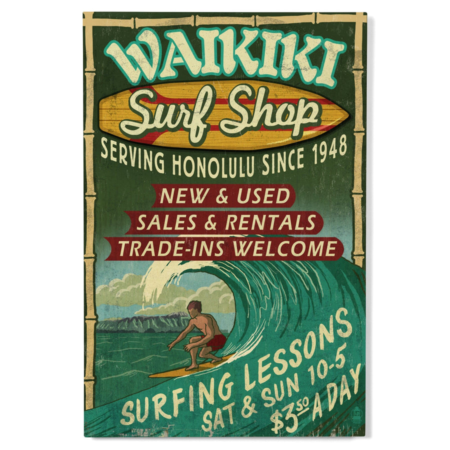 Waikiki Beach, Hawaii, Surf Shop Vintage Sign, Lantern Press Artwork, Wood Signs and Postcards Wood Lantern Press 