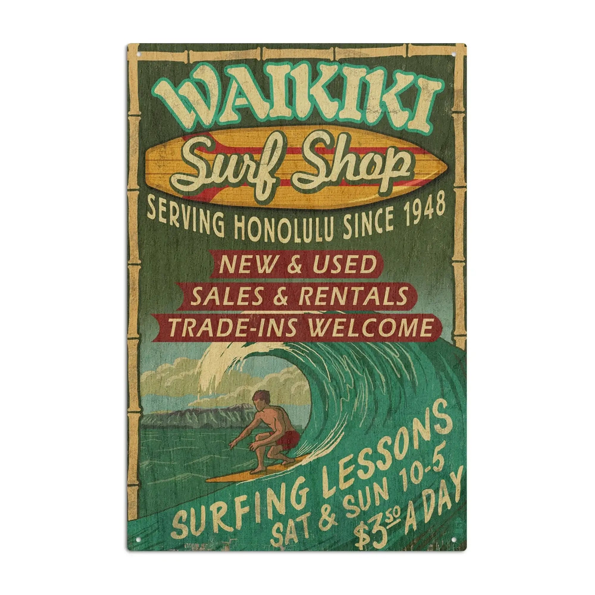 Waikiki Beach, Hawaii, Surf Shop Vintage Sign, Lantern Press Artwork,