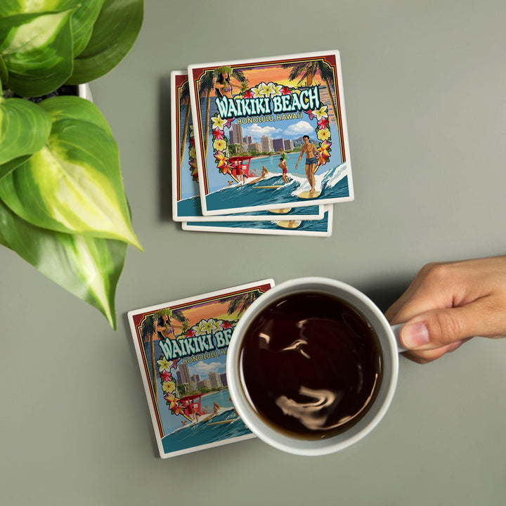 Waikiki Beach, Oahu, Hawaii, Scenes, Coasters Coasters Lantern Press 