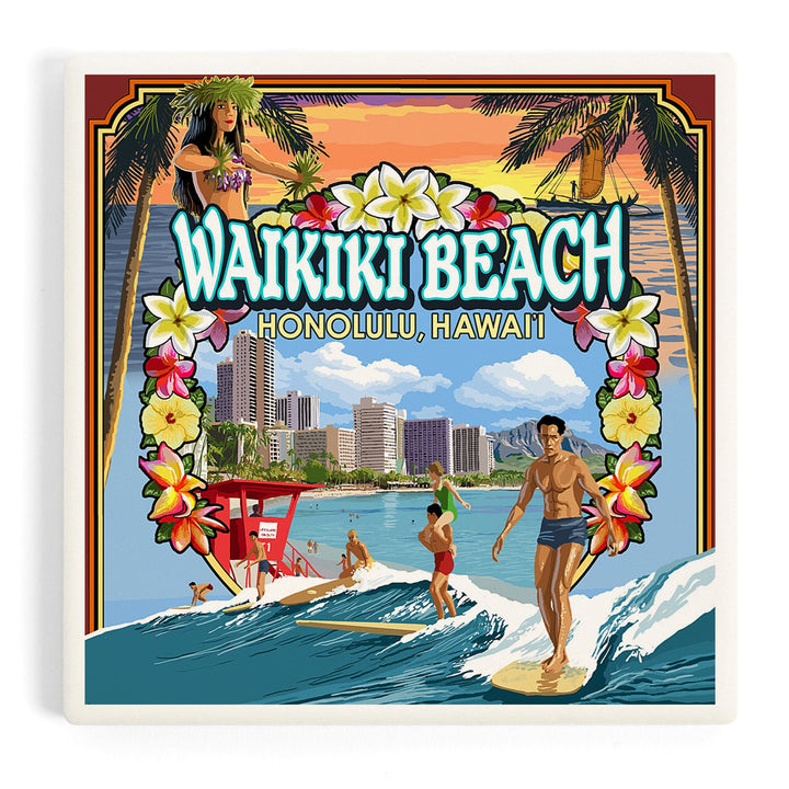 Waikiki Beach, Oahu, Hawaii, Scenes, Coasters Coasters Lantern Press 
