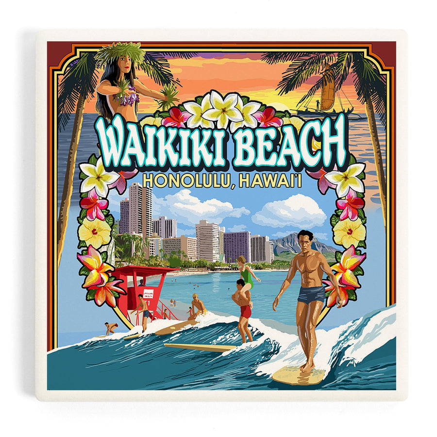 Waikiki Beach, Oahu, Hawaii, Scenes, Coasters Coasters Lantern Press 