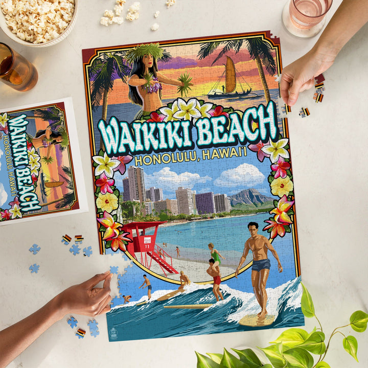 Waikiki Beach, Oahu, Hawaii, Scenes, Jigsaw Puzzle Puzzle Lantern Press 