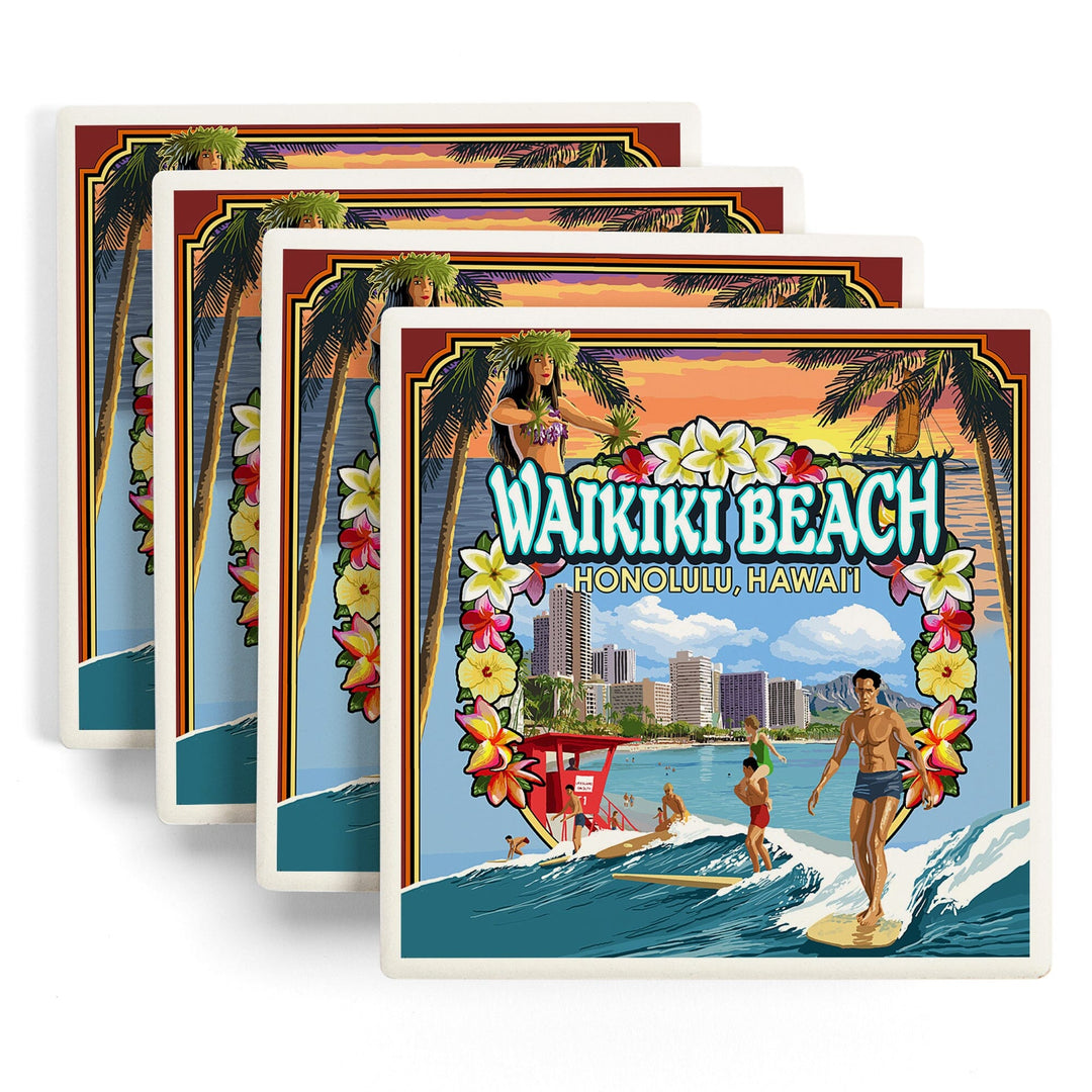 Waikiki Beach, Oahu, Hawaii, Scenes, Lantern Press Artwork, Coaster Set Coasters Lantern Press 