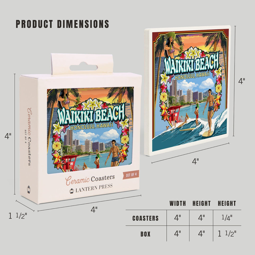 Waikiki Beach, Oahu, Hawaii, Scenes, Lantern Press Artwork, Coaster Set Coasters Lantern Press 