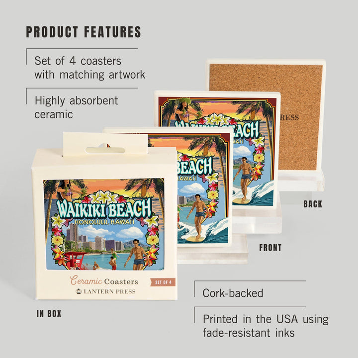 Waikiki Beach, Oahu, Hawaii, Scenes, Lantern Press Artwork, Coaster Set Coasters Lantern Press 