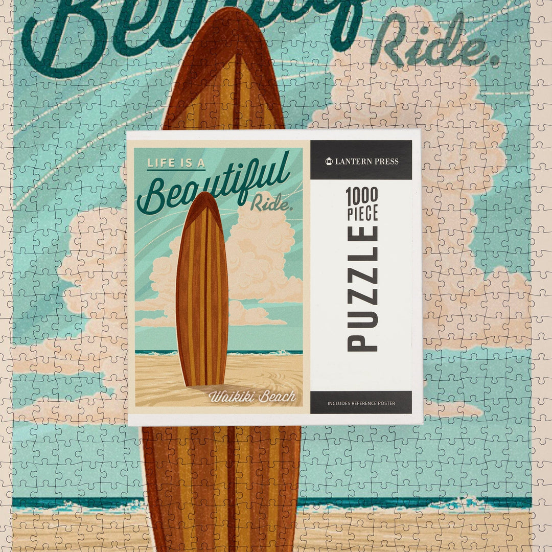 Waikiki, Hawaii, Life is a Beautiful Ride, Surfboard, Letterpress, Jigsaw Puzzle Puzzle Lantern Press 