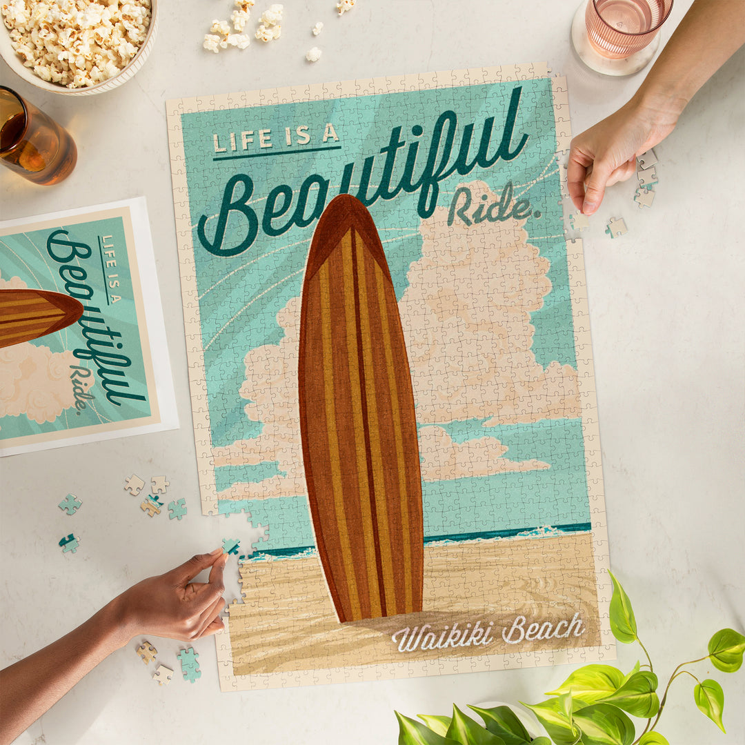 Waikiki, Hawaii, Life is a Beautiful Ride, Surfboard, Letterpress, Jigsaw Puzzle Puzzle Lantern Press 