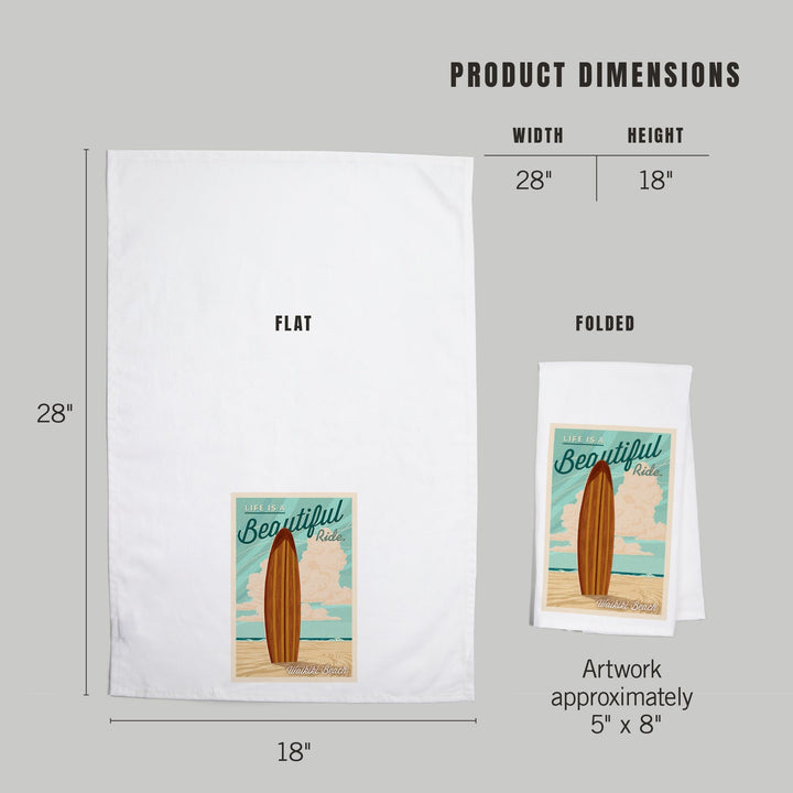 Waikiki, Hawaii, Life is a Beautiful Ride, Surfboard, Letterpress, Organic Cotton Kitchen Tea Towels Kitchen Lantern Press 