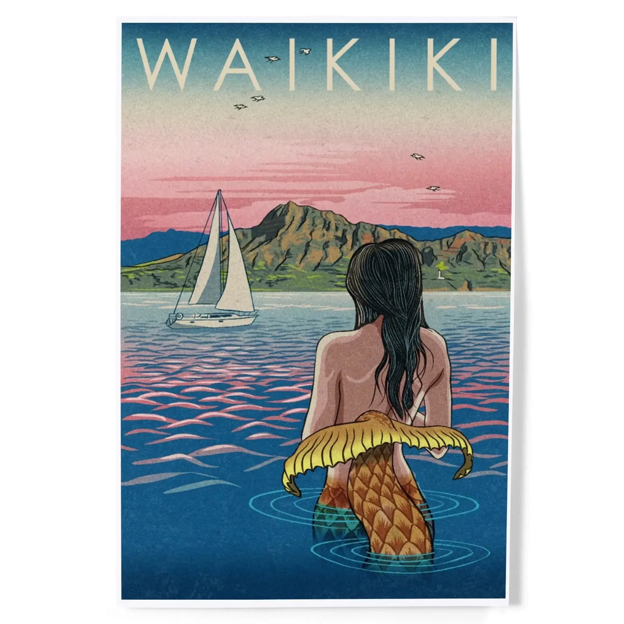 Waikiki, Hawaii, Mermaid Japanese Woodblock art prints, metal