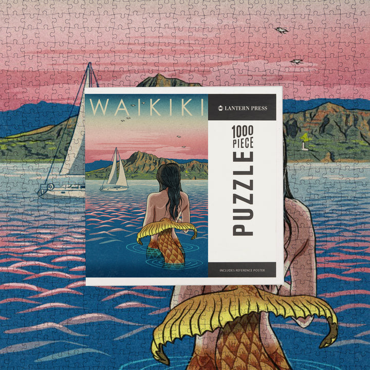 Waikiki, Hawaii, Mermaid Japanese Woodblock, Jigsaw Puzzle Puzzle Lantern Press 
