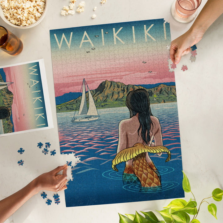 Waikiki, Hawaii, Mermaid Japanese Woodblock, Jigsaw Puzzle Puzzle Lantern Press 