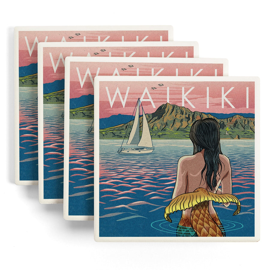 Waikiki, Hawaii, Mermaid Japanese Woodblock, Lantern Press Artwork, Coaster Set Coasters Lantern Press 