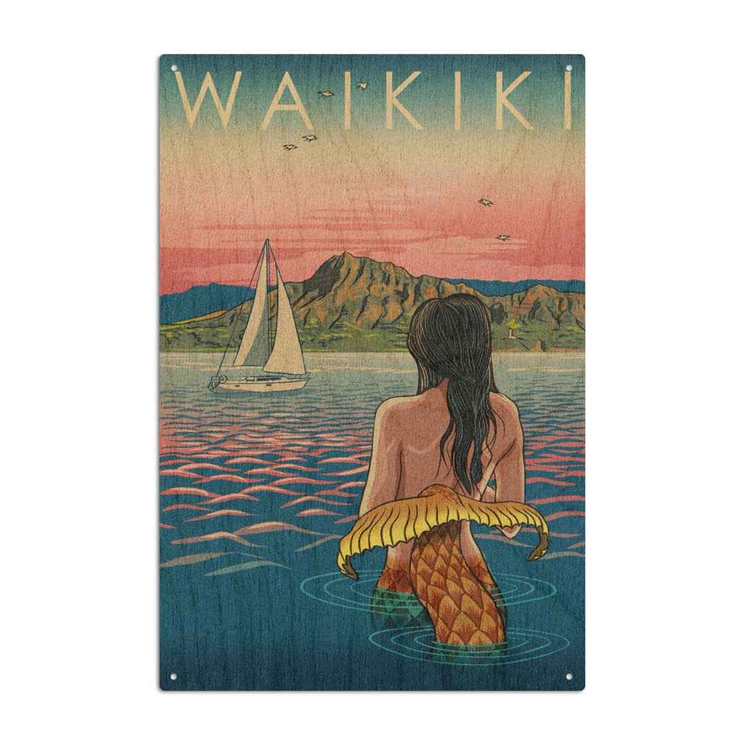 Waikiki, Hawaii, Mermaid Japanese Woodblock, Lantern Press Artwork, Wood Signs and Postcards Wood Lantern Press 10 x 15 Wood Sign 