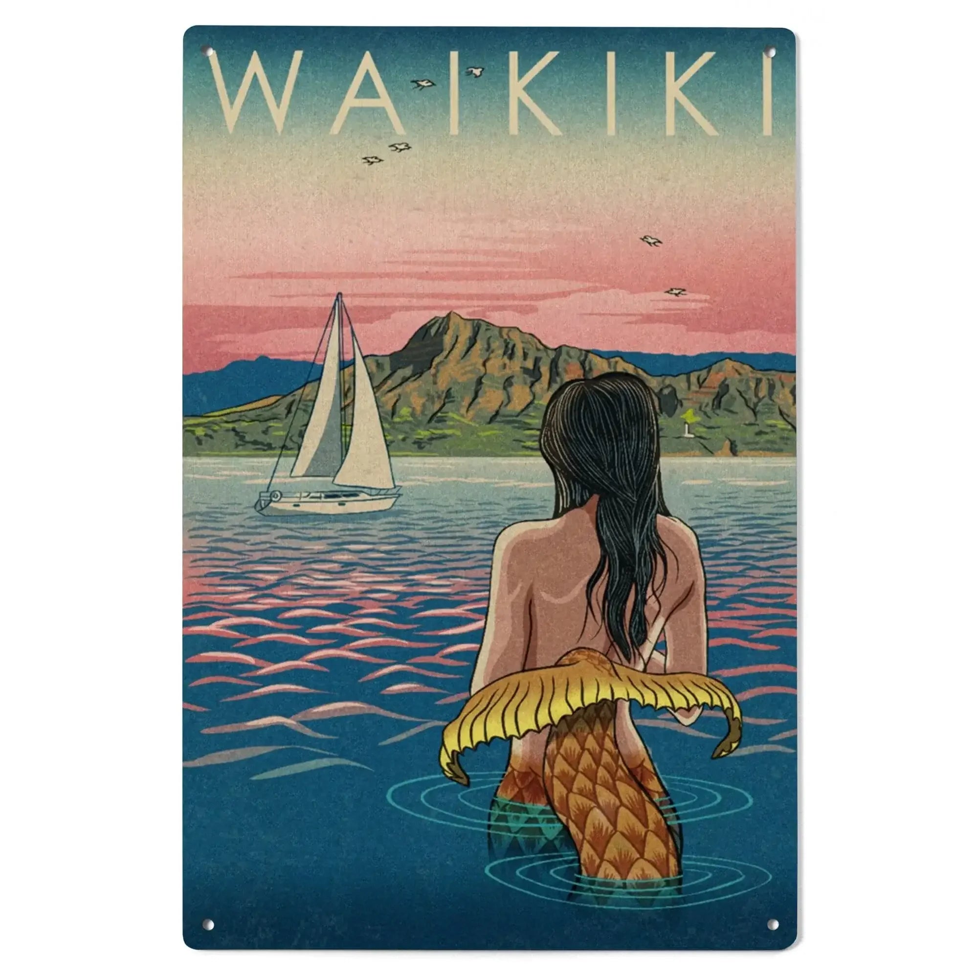 Waikiki, Hawaii, Mermaid Japanese Woodblock, Lantern Press Artwork, Wo