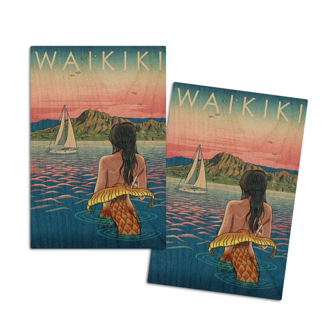 Waikiki, Hawaii, Mermaid Japanese Woodblock, Lantern Press Artwork, Wood Signs and Postcards Wood Lantern Press 4x6 Wood Postcard Set 