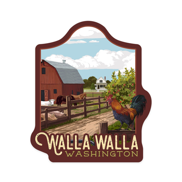 Walla Walla, Washington, Barnyard Scene, Contour, Vinyl Sticker Sticker Lantern Press 