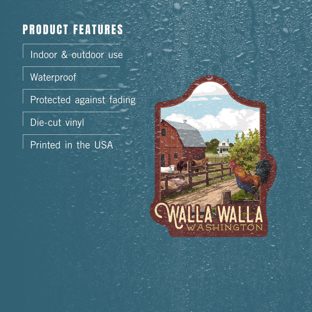 Walla Walla, Washington, Barnyard Scene, Contour, Vinyl Sticker Sticker Lantern Press 