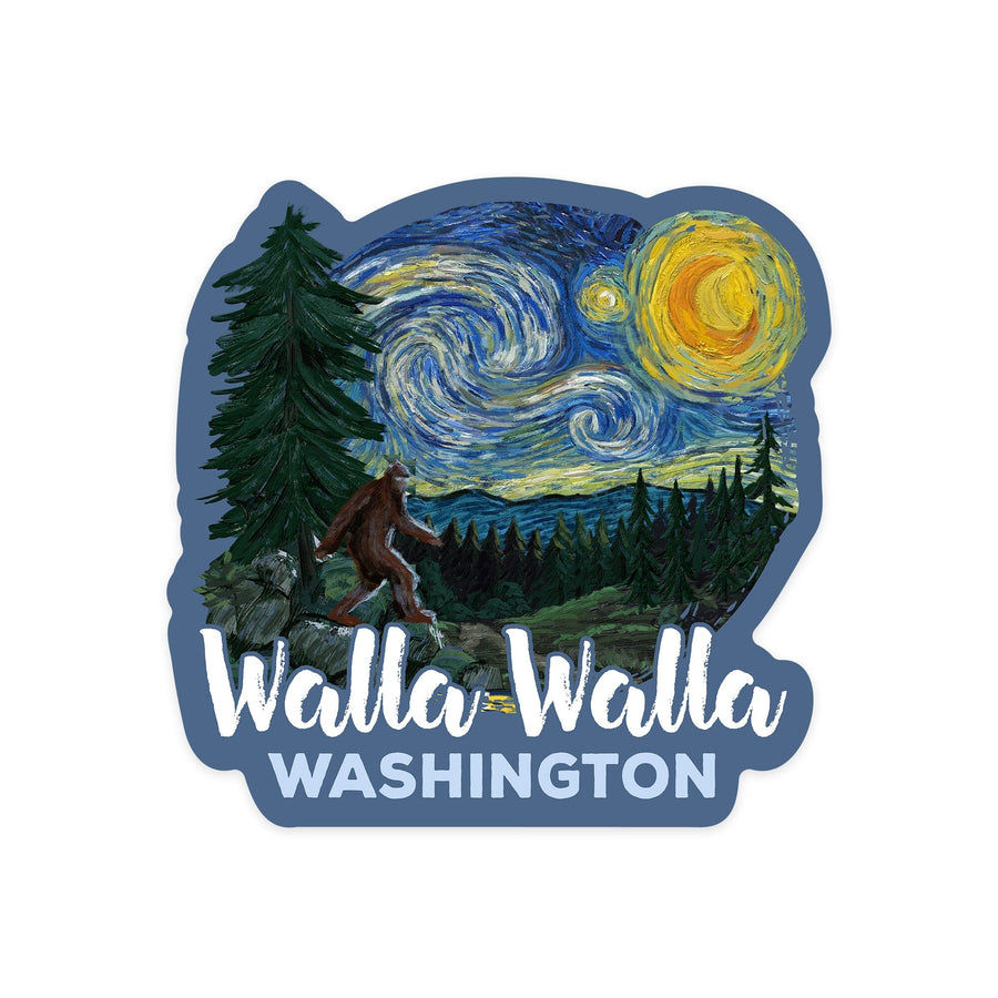 Walla Walla, Washington, Bigfoot, Starry Night, Contour, Lantern Press Artwork, Vinyl Sticker Sticker Lantern Press 