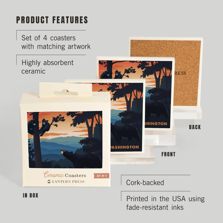 Walla Walla, Washington, Black Bear Family, Sunset, Coasters Coasters Lantern Press 