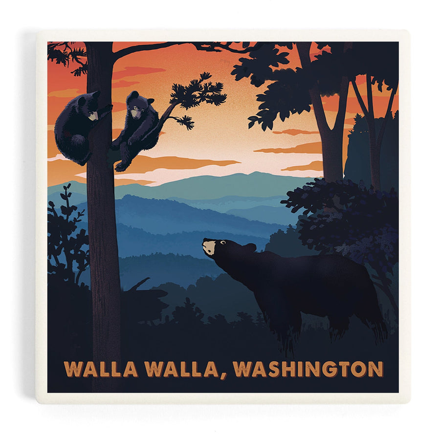 Walla Walla, Washington, Black Bear Family, Sunset, Coasters Coasters Lantern Press 