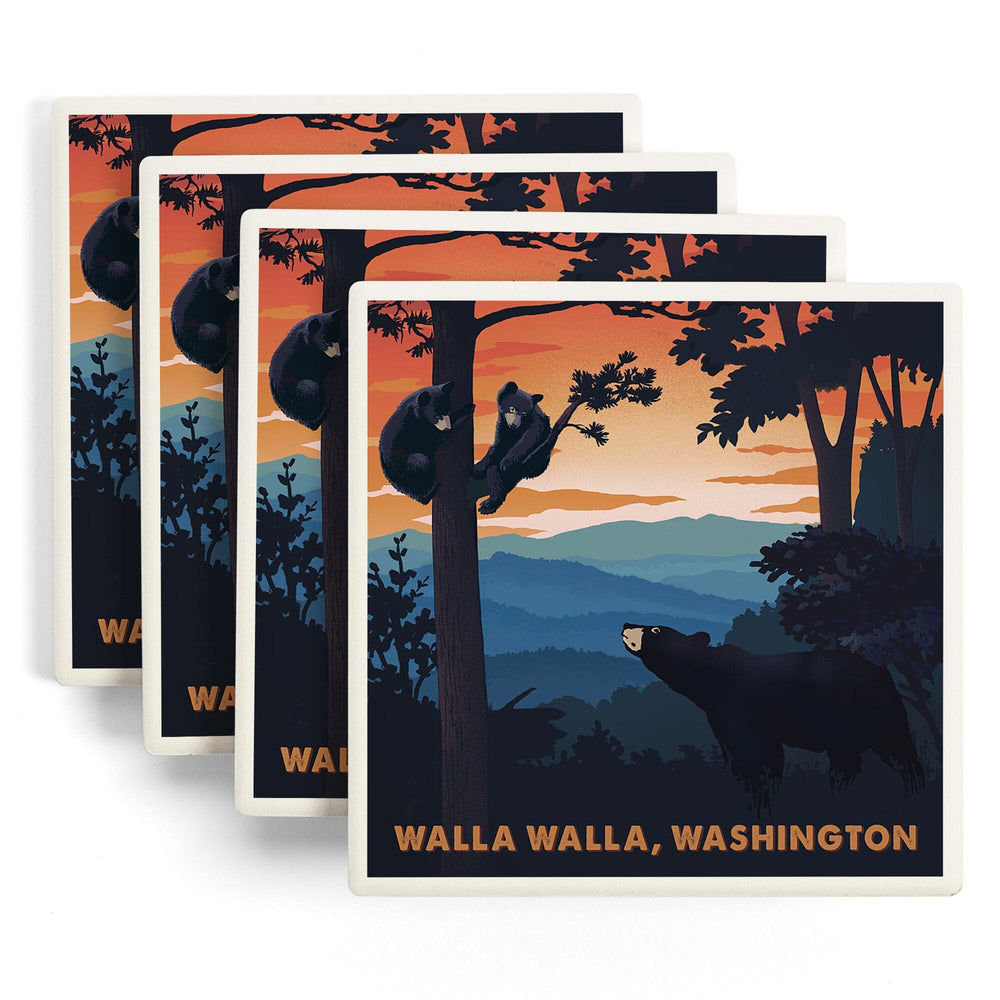 Walla Walla, Washington, Black Bear Family, Sunset, Coasters Coasters Lantern Press 
