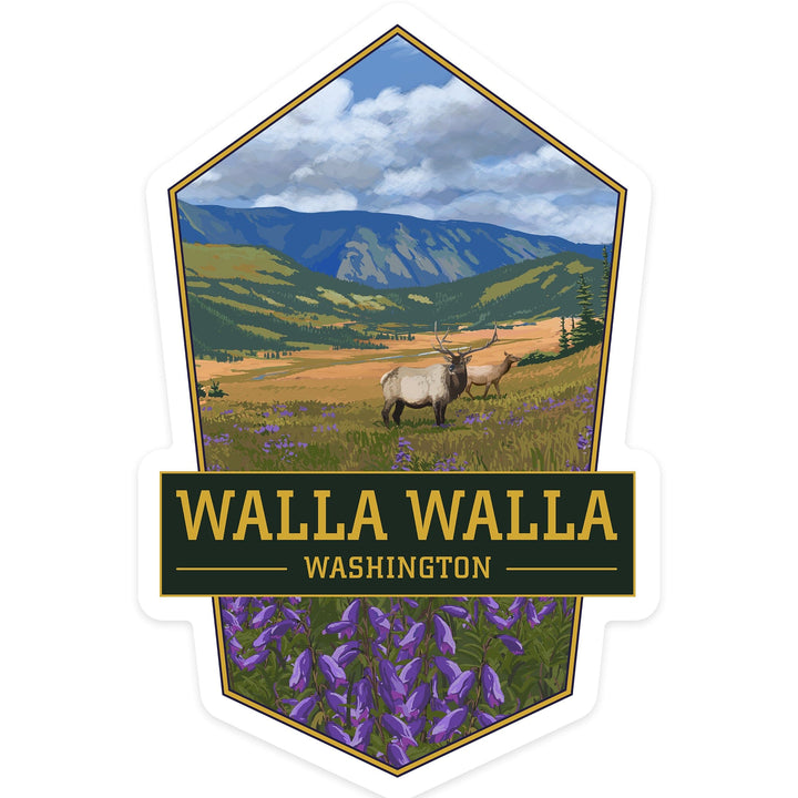 Walla Walla, Washington, Elk and Flowers, Contour, Vinyl Sticker Sticker Lantern Press 