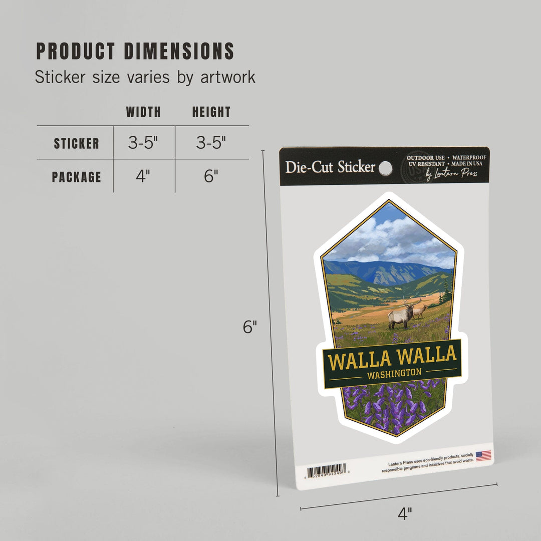 Walla Walla, Washington, Elk and Flowers, Contour, Vinyl Sticker Sticker Lantern Press 