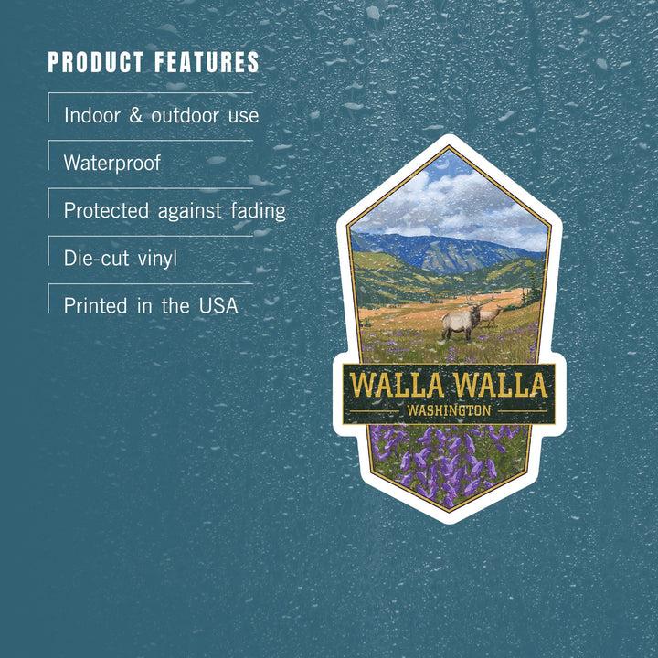 Walla Walla, Washington, Elk and Flowers, Contour, Vinyl Sticker Sticker Lantern Press 