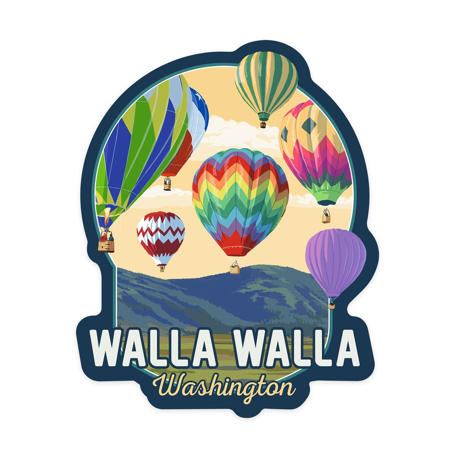 Walla Walla, Washington, Hot Air Balloon & Lake Scene, Contour, Lantern Press Artwork, Vinyl Sticker Sticker Lantern Press 