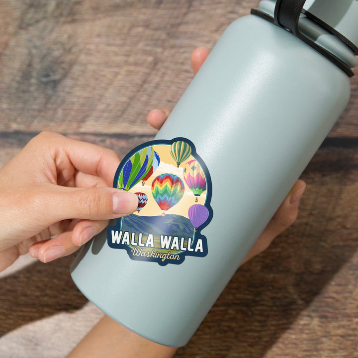 Walla Walla, Washington, Hot Air Balloon & Lake Scene, Contour, Lantern Press Artwork, Vinyl Sticker Sticker Lantern Press 