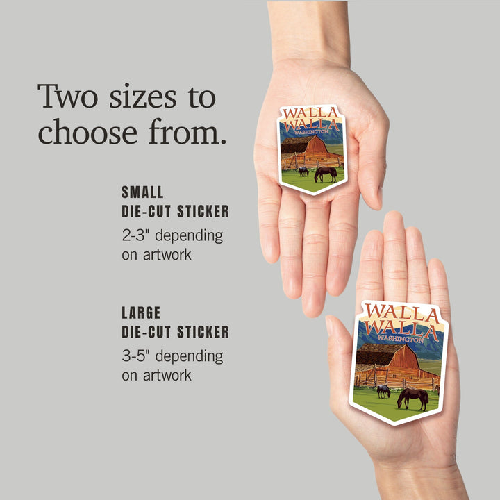 Walla Walla, Washington, Red Barn and Horses, Contour, Vinyl Sticker Sticker Lantern Press 