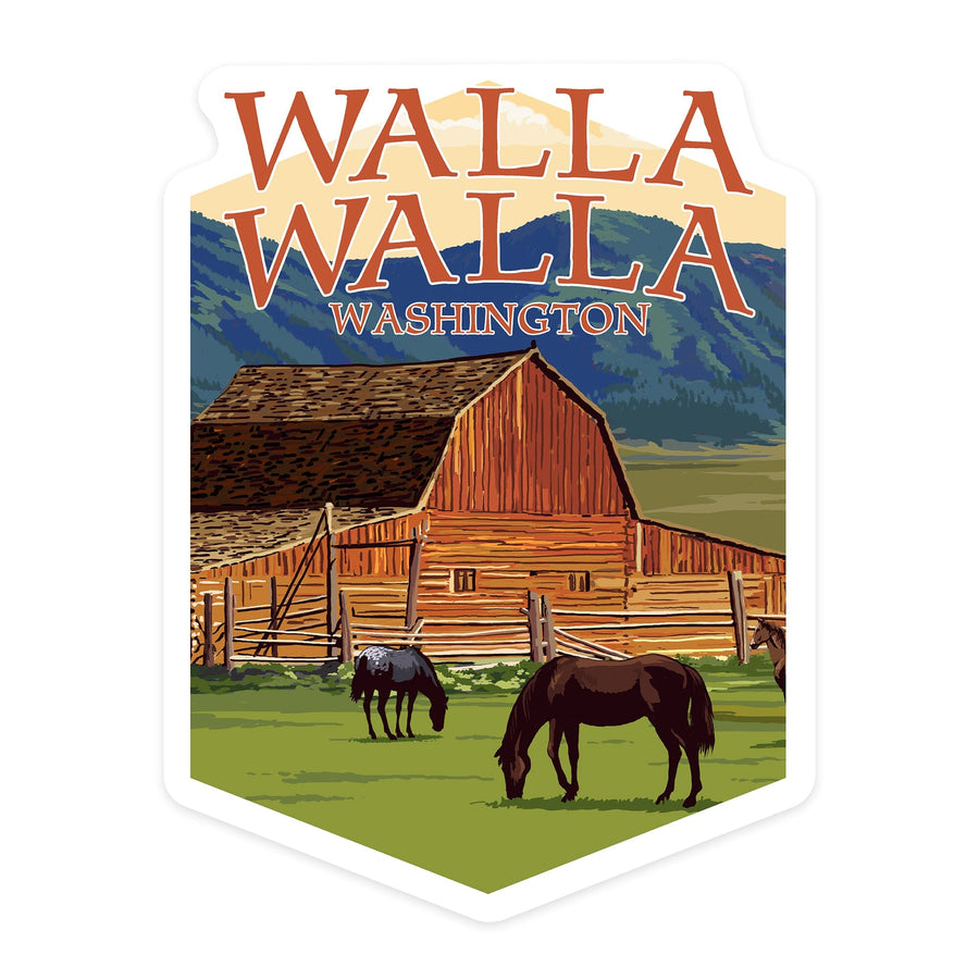 Walla Walla, Washington, Red Barn and Horses, Contour, Vinyl Sticker Sticker Lantern Press 