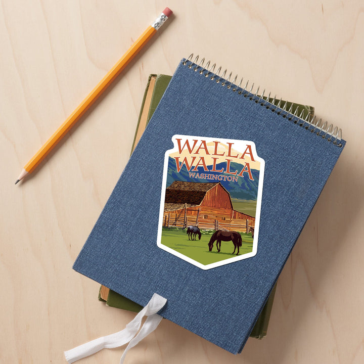 Walla Walla, Washington, Red Barn and Horses, Contour, Vinyl Sticker Sticker Lantern Press 