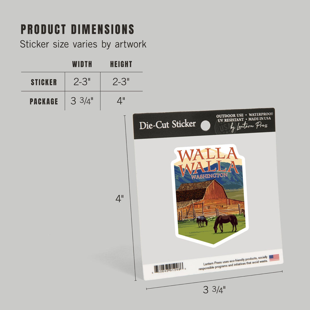 Walla Walla, Washington, Red Barn and Horses, Contour, Vinyl Sticker Sticker Lantern Press 