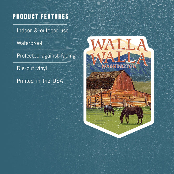 Walla Walla, Washington, Red Barn and Horses, Contour, Vinyl Sticker Sticker Lantern Press 