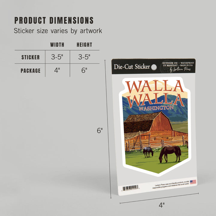 Walla Walla, Washington, Red Barn and Horses, Contour, Vinyl Sticker Sticker Lantern Press 