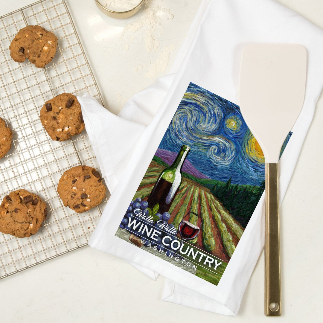 Walla Walla, Washington, Wine Country, Vineyard, Starry Night, Organic Cotton Kitchen Tea Towels Kitchen Lantern Press 