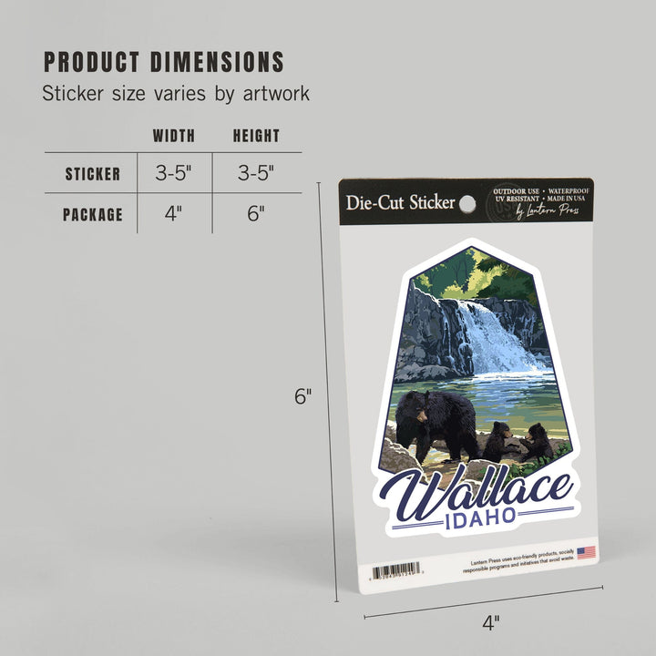 Wallace, Idaho, Black Bear Family & Waterfall, Contour, Lantern Press Artwork, Vinyl Sticker Sticker Lantern Press 