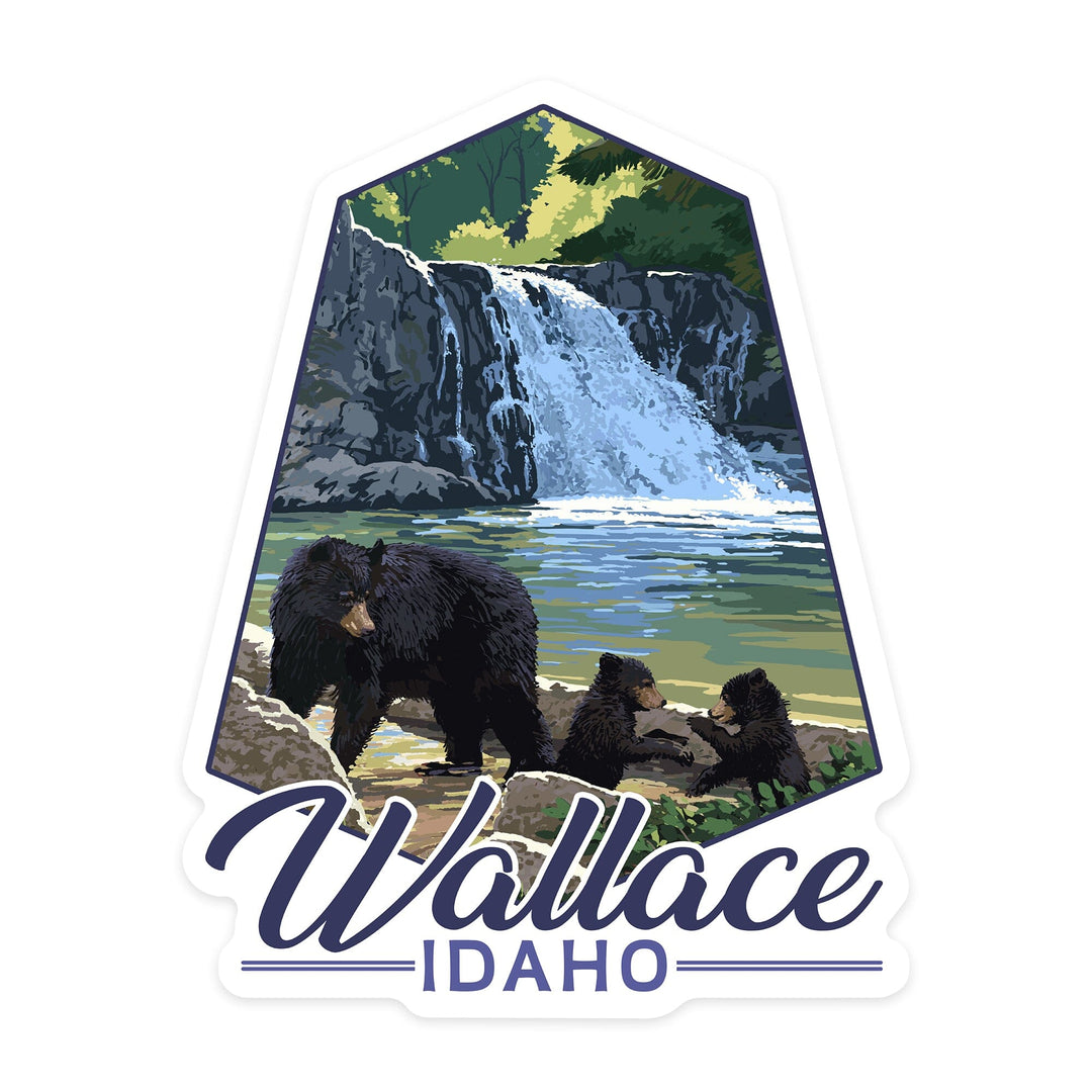 Wallace, Idaho, Black Bear Family & Waterfall, Contour, Lantern Press Artwork, Vinyl Sticker Sticker Lantern Press 
