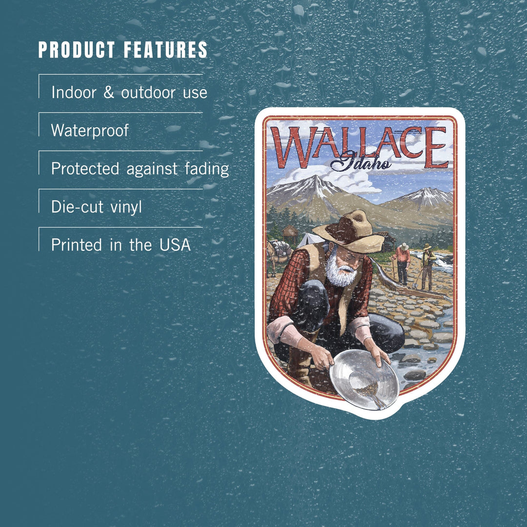 Wallace, Idaho, Gold Panner, Contour, Vinyl Sticker Sticker Lantern Press 