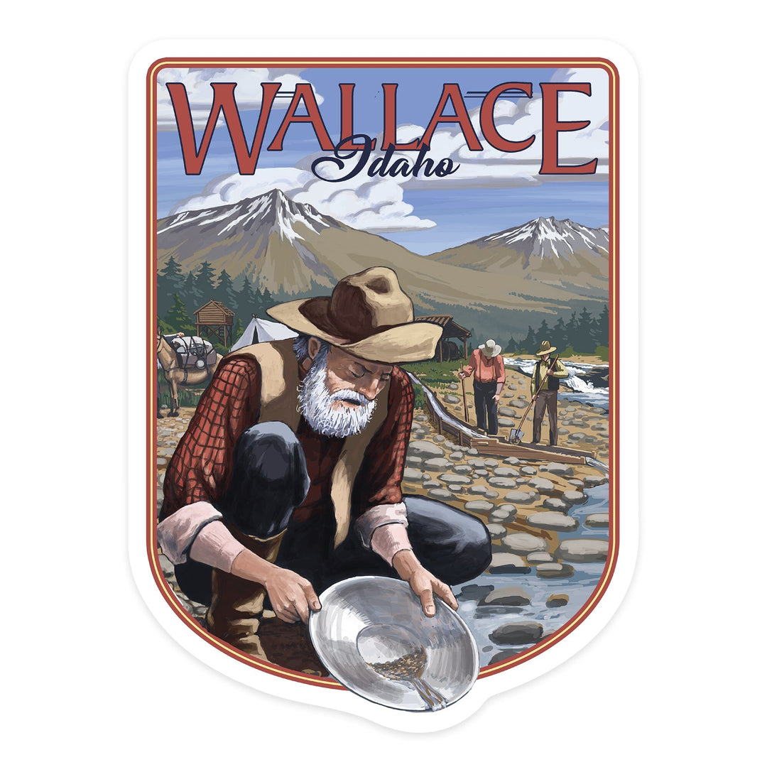 Wallace, Idaho, Gold Panner, Contour, Vinyl Sticker Sticker Lantern Press 