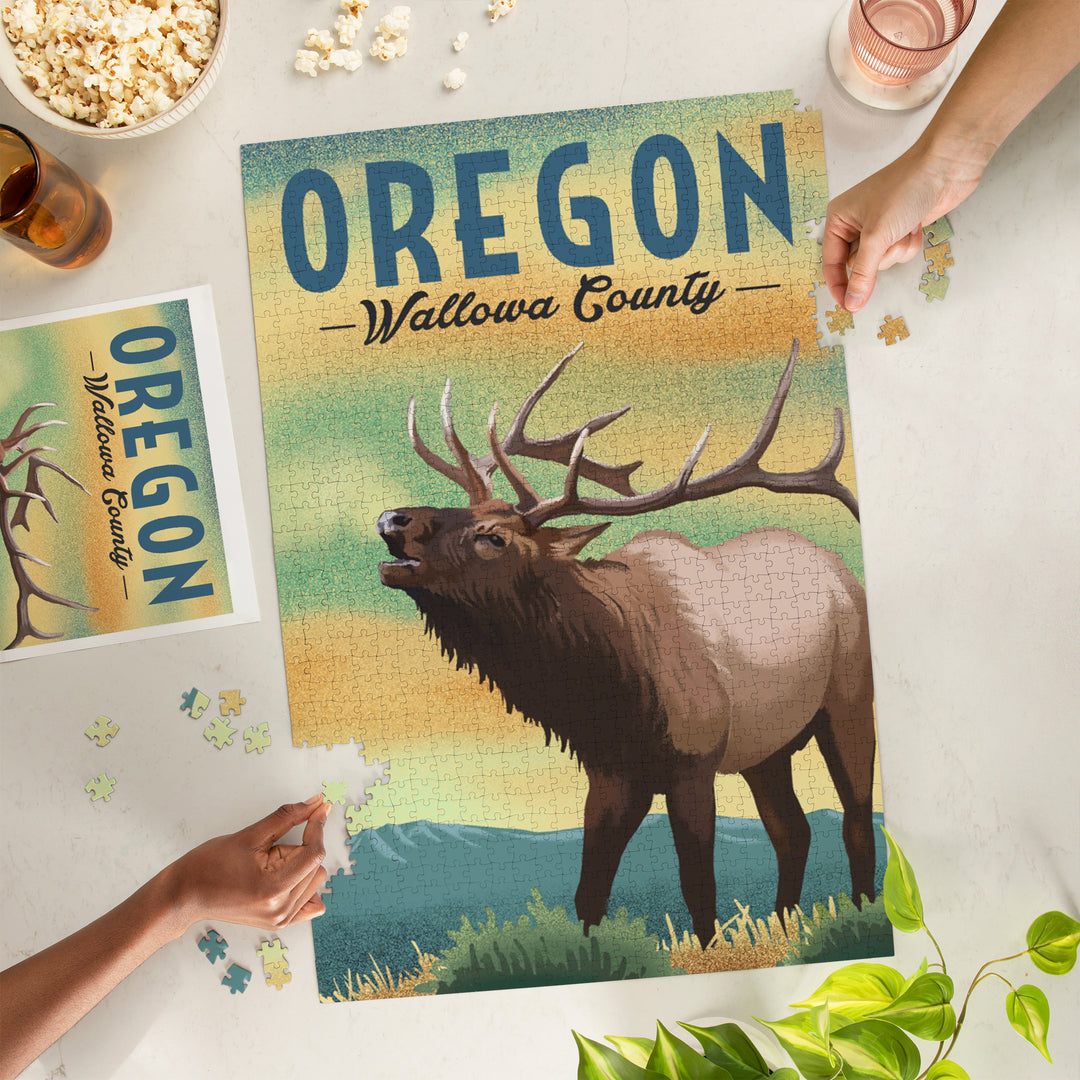 Wallowa County, Oregon, Elk, Lithograph, Jigsaw Puzzle Puzzle Lantern Press 