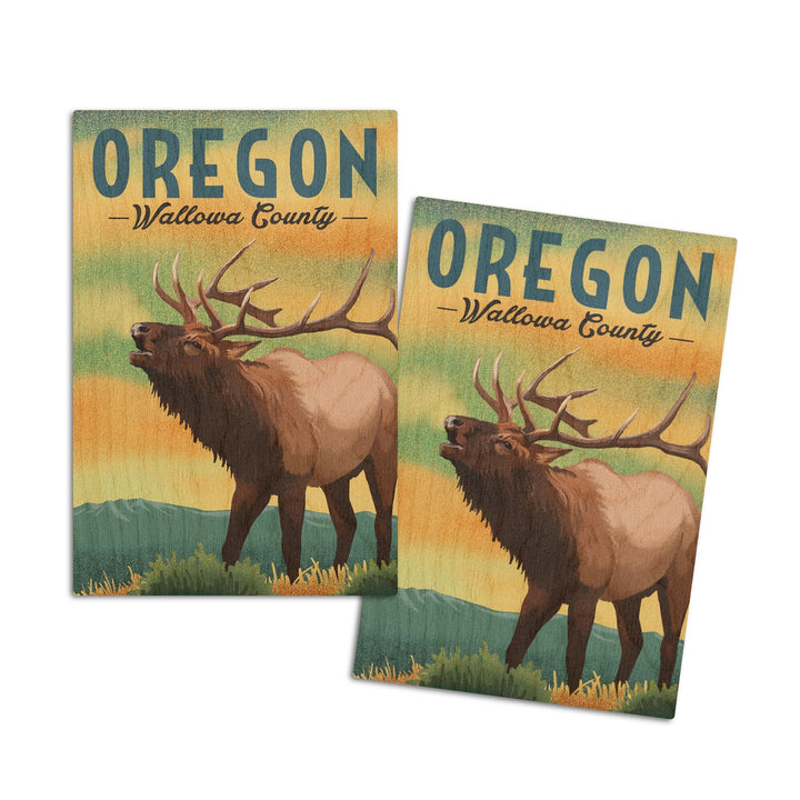 Wallowa County, Oregon, Elk, Lithograph, Lantern Press Artwork, Wood Signs and Postcards Wood Lantern Press 4x6 Wood Postcard Set 
