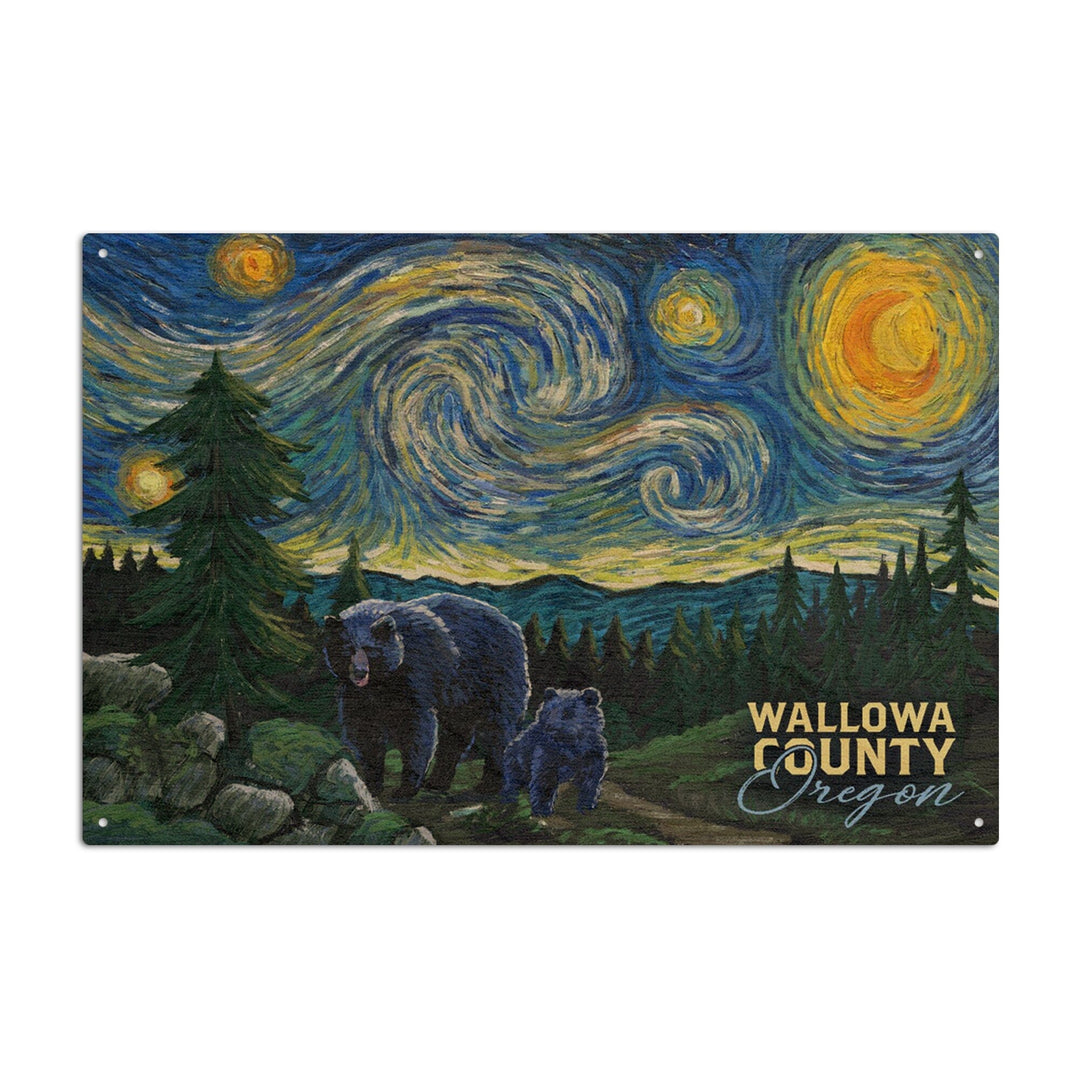 Wallowa Lake, Oregon, Bear, Starry Night, Lantern Press Artwork, Wood Signs and Postcards Wood Lantern Press 10 x 15 Wood Sign 