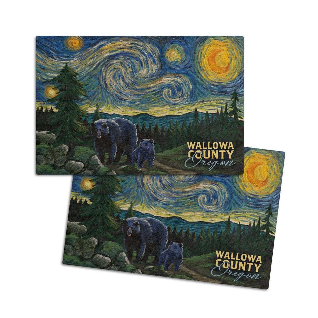 Wallowa Lake, Oregon, Bear, Starry Night, Lantern Press Artwork, Wood Signs and Postcards Wood Lantern Press 4x6 Wood Postcard Set 