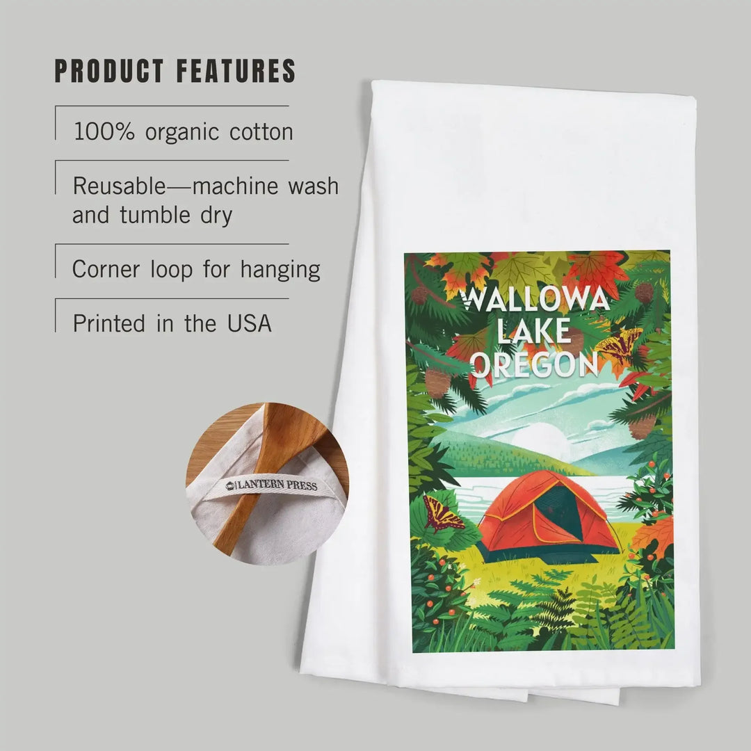 Wallowa Lake, Oregon, Get Outside Series, Tent Camping, Fall Colors, Organic Cotton Kitchen Tea Towels Kitchen Lantern Press 