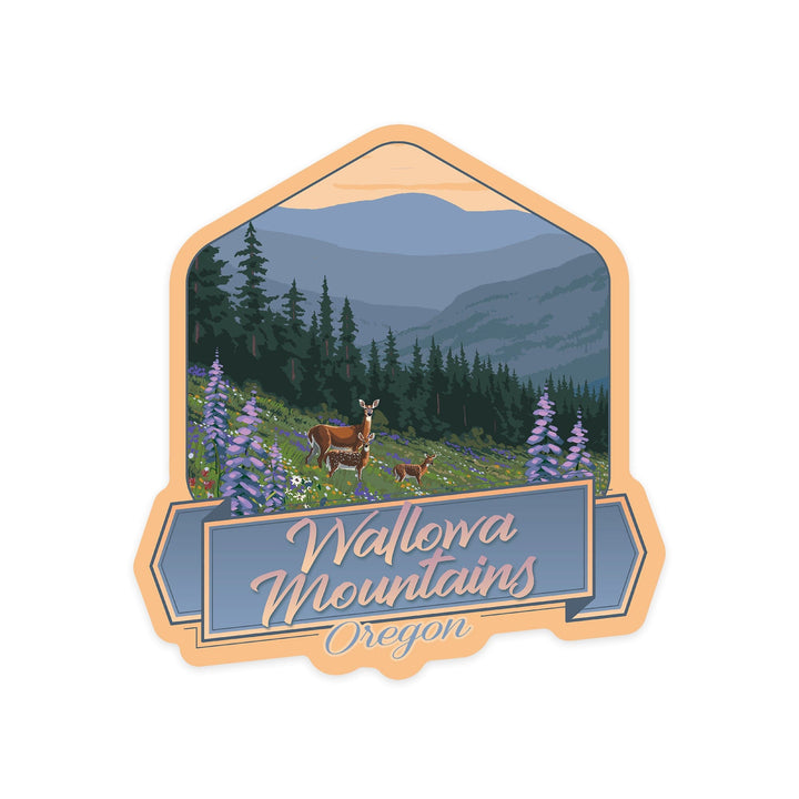 Wallowa Mountains, Oregon, Deer and Spring Flowers, Contour, Vinyl Sticker Sticker Lantern Press 