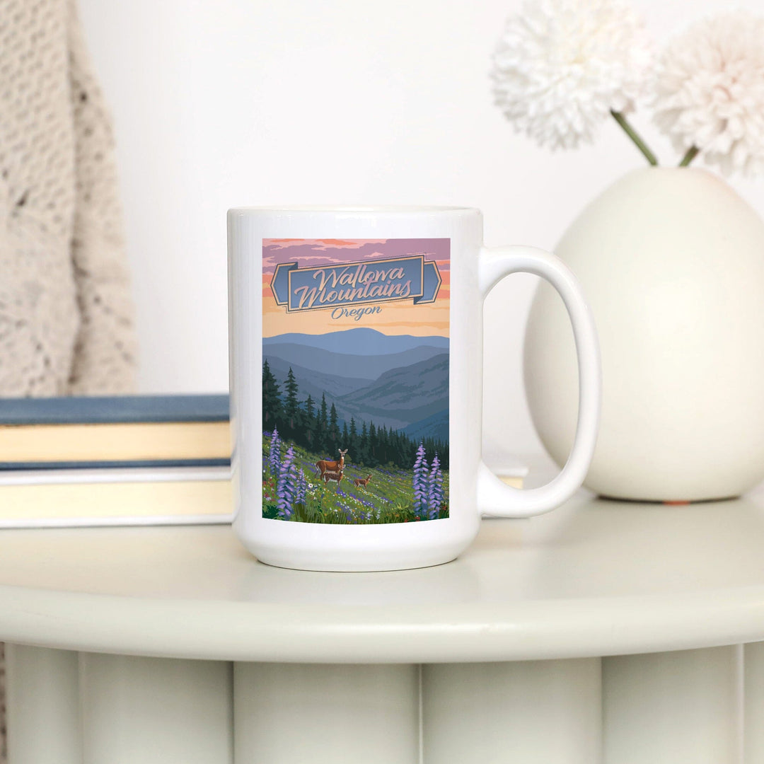 Wallowa Mountains, Oregon, Deer & Spring Flowers, Lantern Press Artwork, Ceramic Mug Mugs Lantern Press 