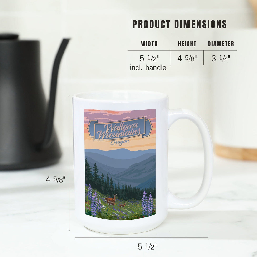 Wallowa Mountains, Oregon, Deer & Spring Flowers, Lantern Press Artwork, Ceramic Mug Mugs Lantern Press 