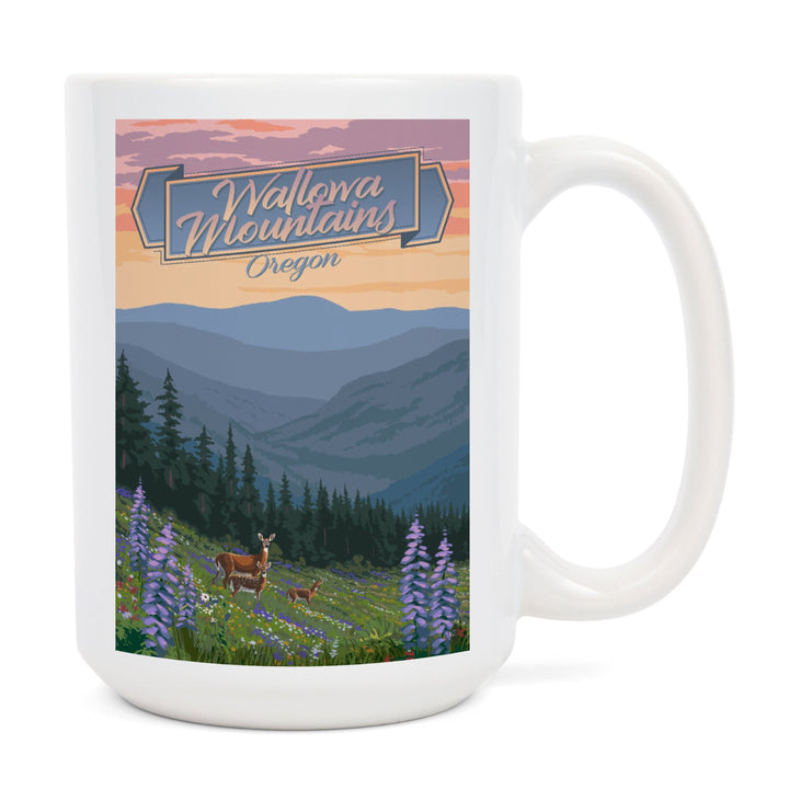 Wallowa Mountains, Oregon, Deer & Spring Flowers, Lantern Press Artwork, Ceramic Mug Mugs Lantern Press 